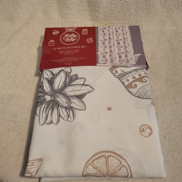Winter Themed Bathroom Shower Curtain 13 Piece Set NWT 72" x 72" Skates Mittens - Picture 2 of 5